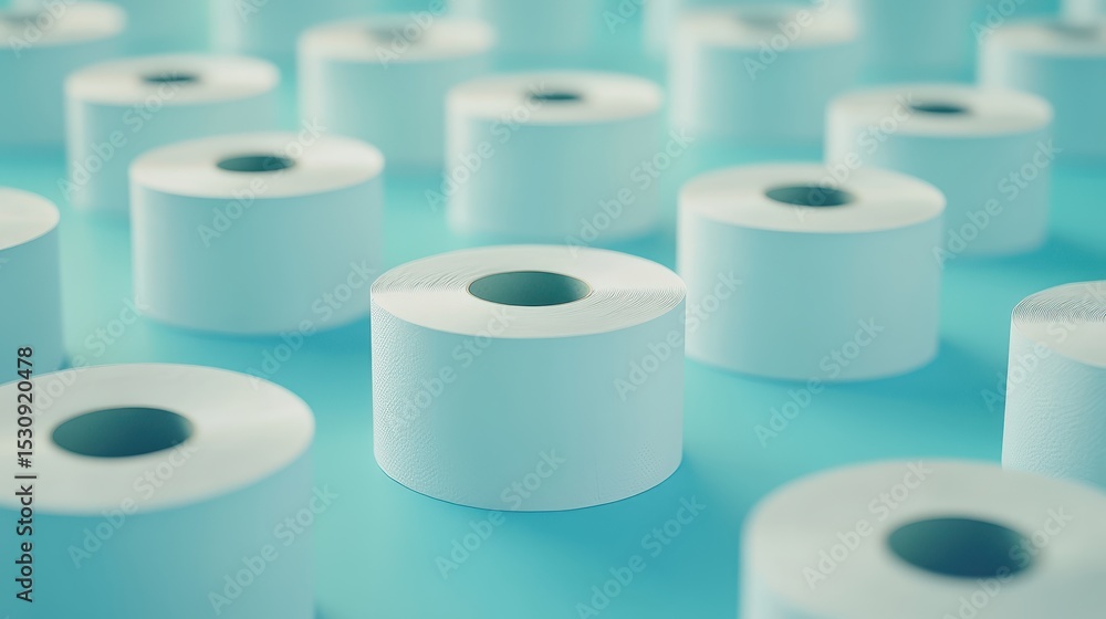 Many soft, white toilet paper rolls on a light blue surface. It's good for illustrating cleanliness, hygiene, and sanitation. Many soft, white toilet paper rolls on a light blue surface. It's good for illustrating cleanliness, hygiene, and sanitation.