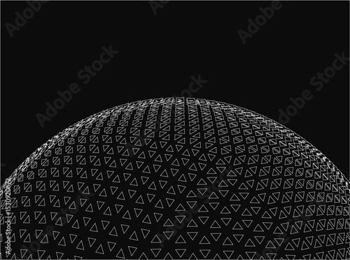 A black and white image of a sphere with many triangles on it. The image has a futuristic and abstract feel to it