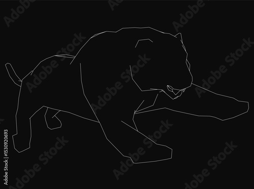 A black and white drawing of a tiger. The tiger is in motion, with its paw extended and its body in a crouched position. Concept of energy and movement