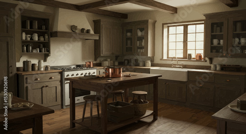 A Rustic Farmhouse Kitchen Design Featuring Warm Wood Tones and Antique Details Ideal for Home Decor Projects and Culinary Branding