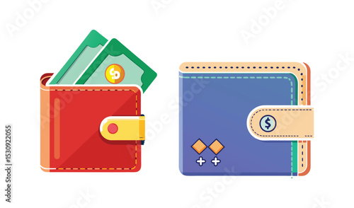 Two wallets with cash and cryptocurrency icons