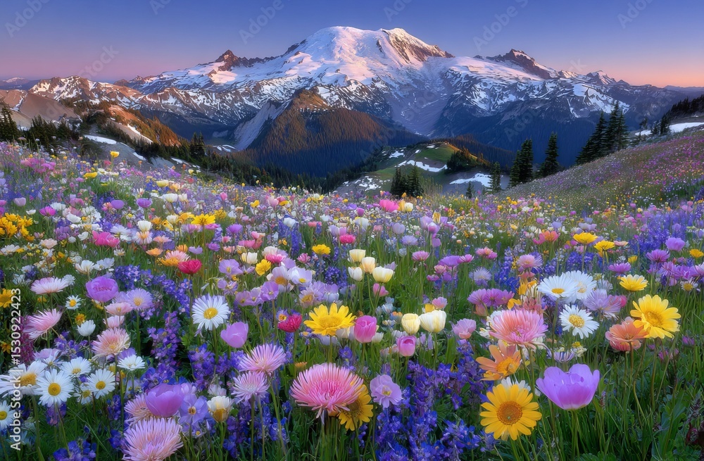 Obraz premium Mount Rainier National Park is home to wildflowers at sunset