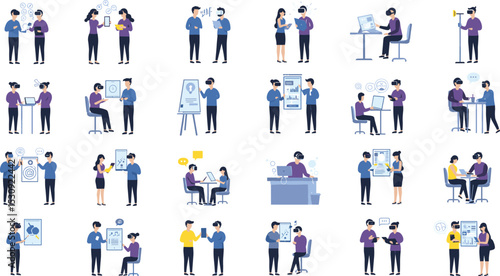 Flat vector illustrations of people using virtual reality, discussing data, digital analytics, business communication, teamwork solutions, and smart interface devices

 flat vector illustration