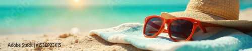 A pair of stylish sunglasses rests on a towel beside beach essentials, ready for a relaxing sunbath The sun's rays gently illuminate the scene, evoking summer vibes , vacation, holiday