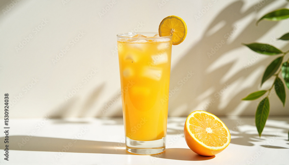 Fototapeta premium Refreshing orange drink with ice served in a tall glass on table 