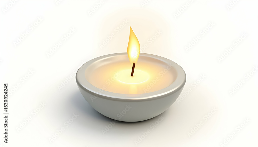 Burning Candle Flame in Bowl on White Background Burning Candle Flame in Bowl on White Background