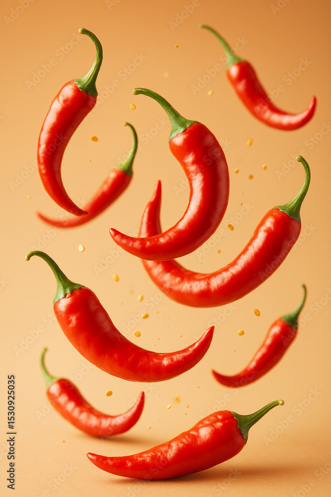 Cinematic Food Scene with Flying Red Chillies and Spices – Dramatic Advertising Visual with Fiery Lighting and Copy Space Cinematic Food Scene with Flying Red Chillies and Spices – Dramatic Advertising Visual with Fiery Lighting and Copy Space