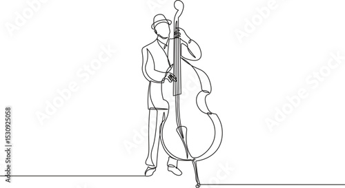 Jazz musician playing the double bass in continuous line drawing style. Minimalist double bass player in black linear sketch isolated on white background. Vector illustration