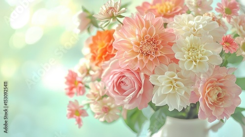 A beautiful bouquet of pink, orange, and white flowers arranged in a vase, set against a soft green background, evoking an autumn feel