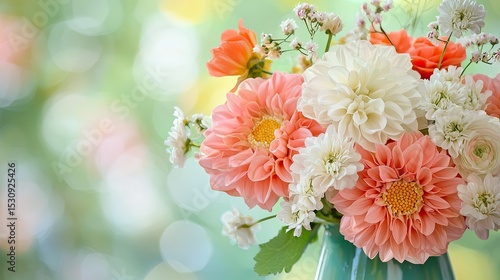 A beautiful bouquet of pink, orange, and white flowers arranged in a vase, set against a soft green background, evoking an autumn feel