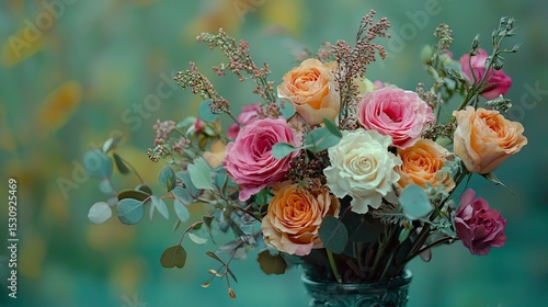 A beautiful bouquet of pink, orange, and white flowers arranged in a vase, set against a soft green background, evoking an autumn feel