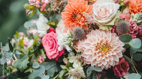 A beautiful bouquet of pink, orange, and white flowers arranged in a vase, set against a soft green background, evoking an autumn feel