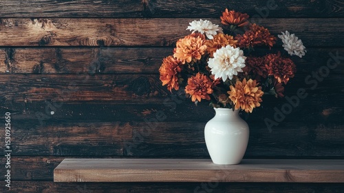A beautifully arranged autumn bouquet in a simple white vase, sitting on a rustic wooden shelf with negative space for text.