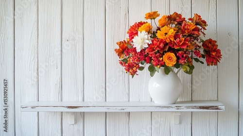 A beautifully arranged autumn bouquet in a simple white vase, sitting on a rustic wooden shelf with negative space for text.