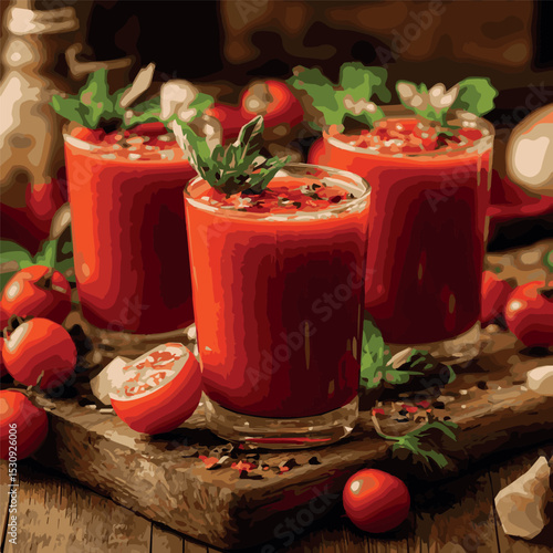 glasses with tomatoes on the table, tomatoes nearby, color vector
