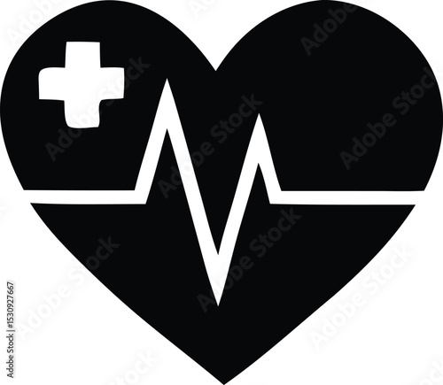Black heart with medical cross and heartbeat graphic design element
