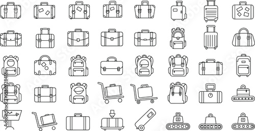 Vector icons of travel bags, suitcases, backpacks, trolleys, briefcases, and luggage handling systems for airport and tourism design