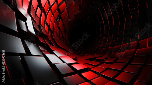 3d rendering of black and red abstract geometric background. Scene for advertising, technology, showcase, banner, game, sport, cosmetic, business, metaverse. Sci-Fi Illustration. Product display