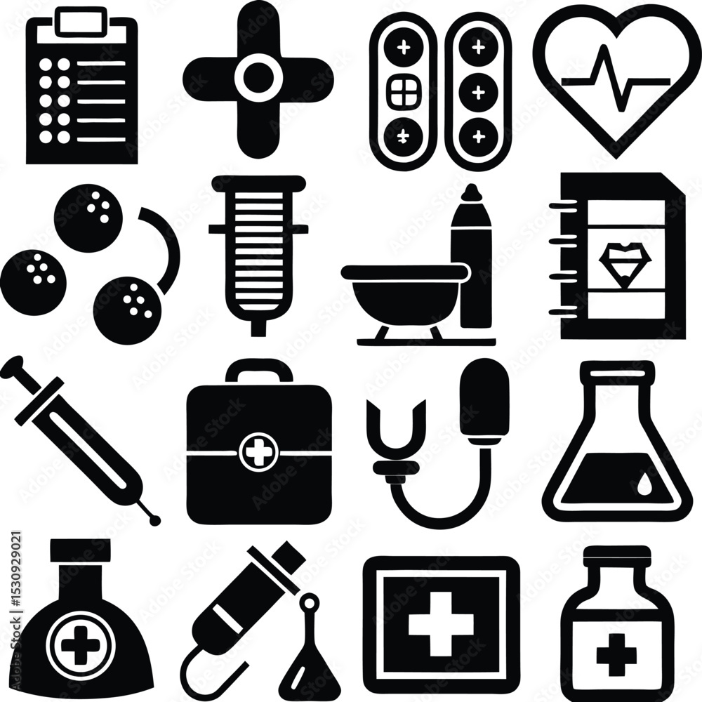 Obraz premium Collection of sixteen black medical icons on white background