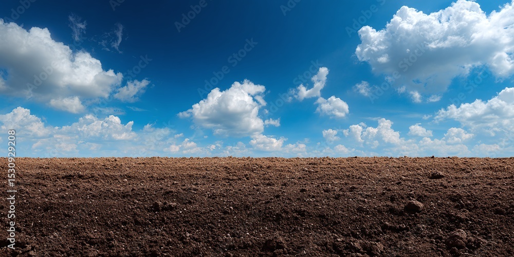 © Oleksandr - Tilled field under a bright blue sky with fluffy white clouds. The rich, dark soil contrasts with the clear sky, suggesting preparation for planting.