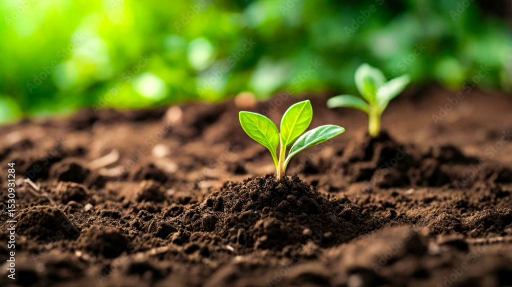 Fototapeta premium small green plants grow in the soil sowing growth of tree seedlings, world environment day