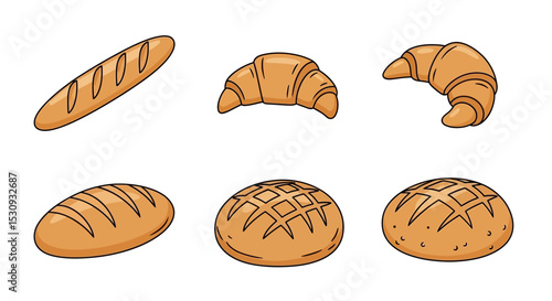Assorted Bakery Bread and Croissants Cartoon Set