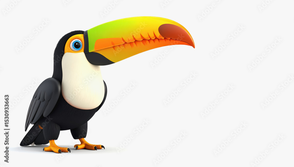 Obraz premium Vibrant 3d toucan bird with bright colors and full body display on a clean white background perfect for text addition