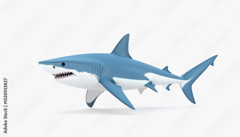 Fototapeta premium Adorable 3d deep sea shark character in full body pose with ample copy space for text on clean white background