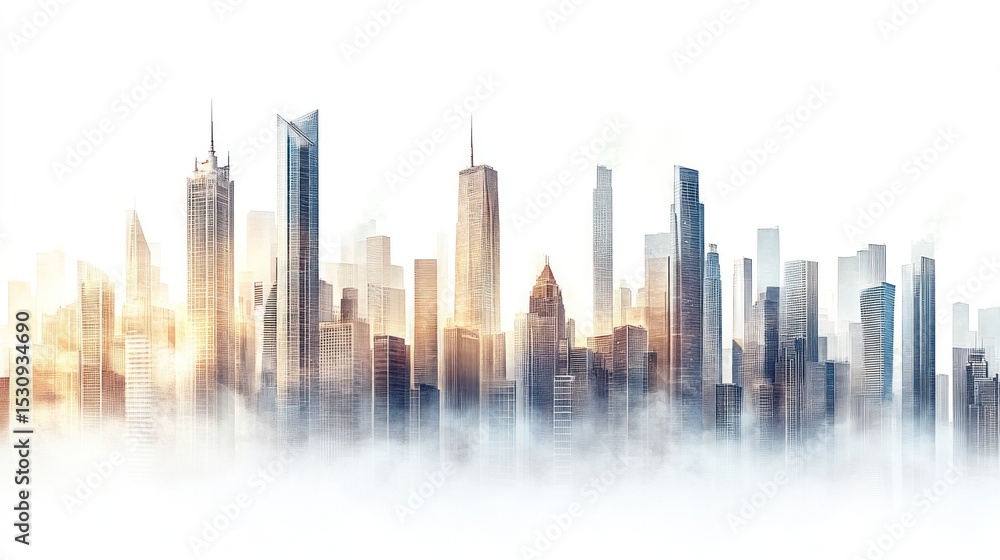 Obraz premium Urban skyline with architectural diversity and ethereal fog ambiance