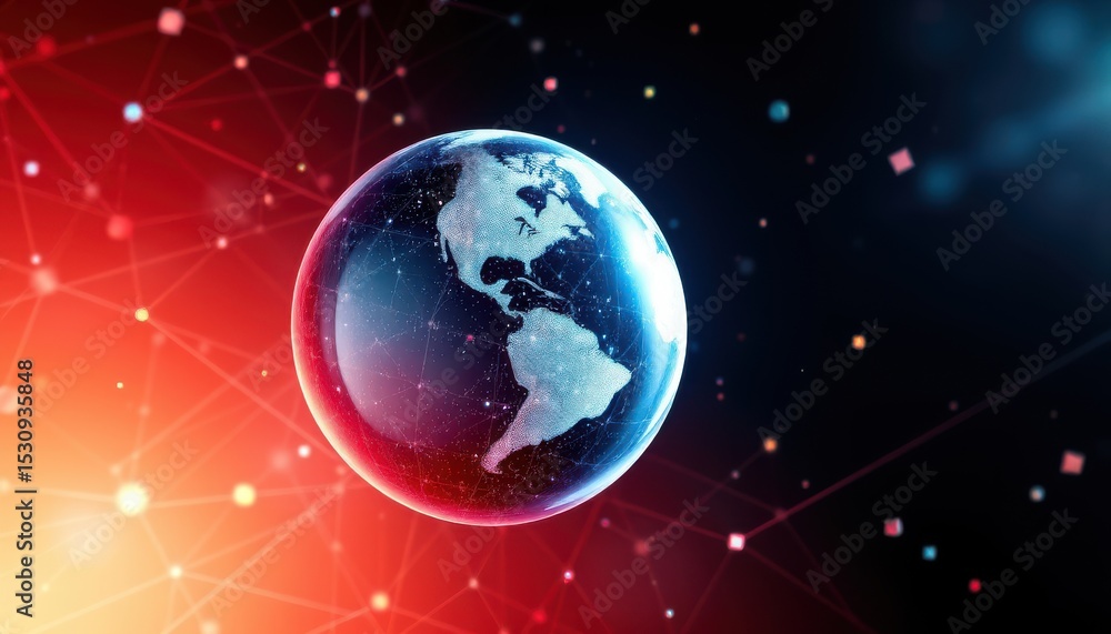 Fototapeta premium create a 3d rendering of an abstract globe sphere in space, set against a plexus geometric background posed of lines, dots, and triangles