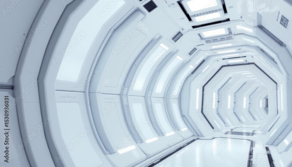Fototapeta premium create an abstract digital art piece depicting a white futuristic corridor with integrated lights and a spaceship concept