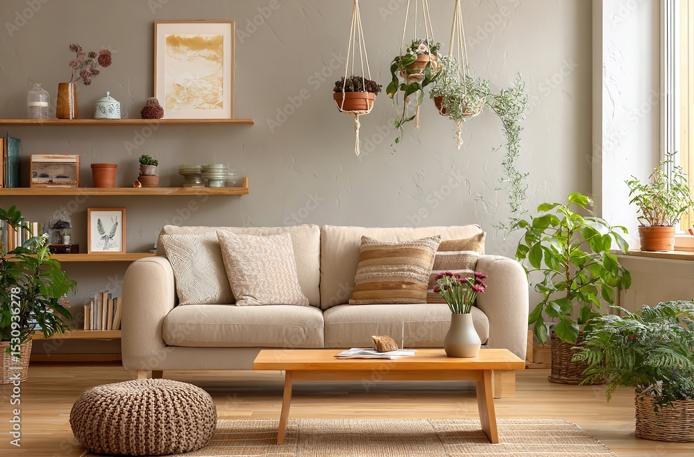 Obraz premium Beige sofa and plants living room interior design ideas modern home decor inspiration and furniture trends