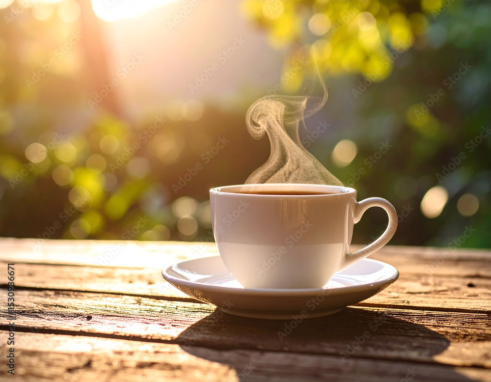 Obraz premium A white ceramic coffee cup filled with steaming hot coffee, placed on a rustic wooden