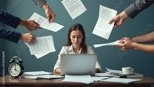 Overwhelmed businesswoman working on laptop with paperwork overload