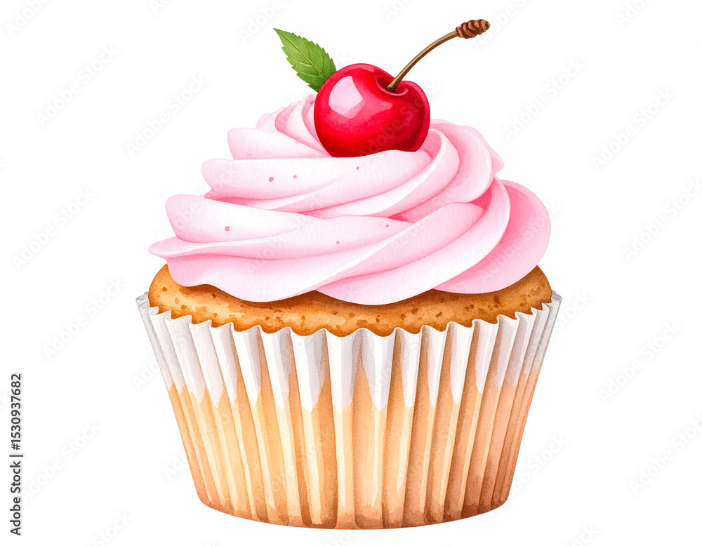 Watercolor Cherry Cupcake with Pink Frosting – Transparent Background. PNG Watercolor Cherry Cupcake with Pink Frosting – Transparent Background. PNG