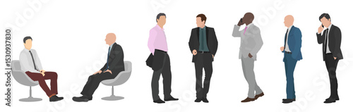 Men in formal wear suit executive businessman director CAD electronic architectural mockup illustration. Editable vector