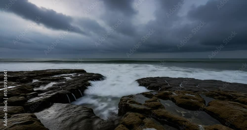 Dramatic Ocean Waves Crashing on Rocky Shore Under a Stormy Sky Dramatic Ocean Waves Crashing on Rocky Shore Under a Stormy Sky