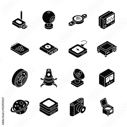 Get this Trendy collection of science and technology isometric icons