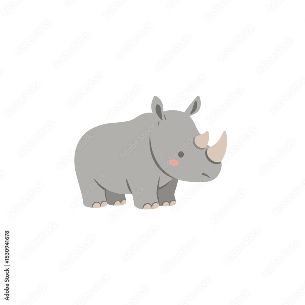 Stylized flat illustration of a gray rhinoceros, with pink cheeks and two horns Stylized flat illustration of a gray rhinoceros, with pink cheeks and two horns