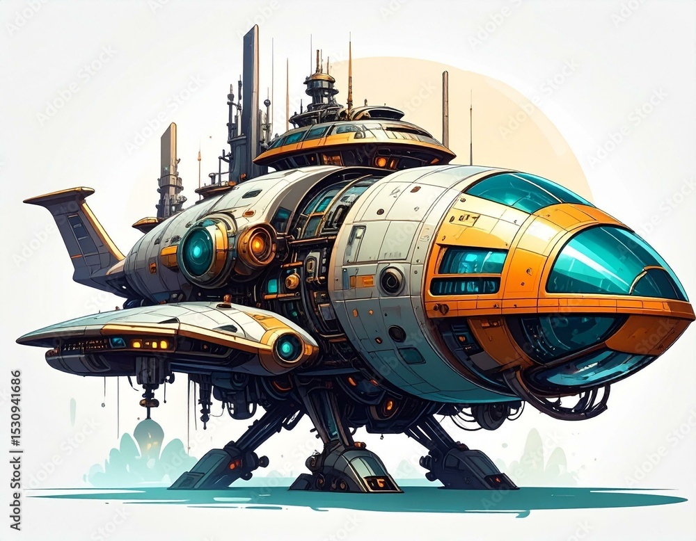 Obraz premium Futuristic spaceship illustration white orange and teal spacecraft design detailed rendering