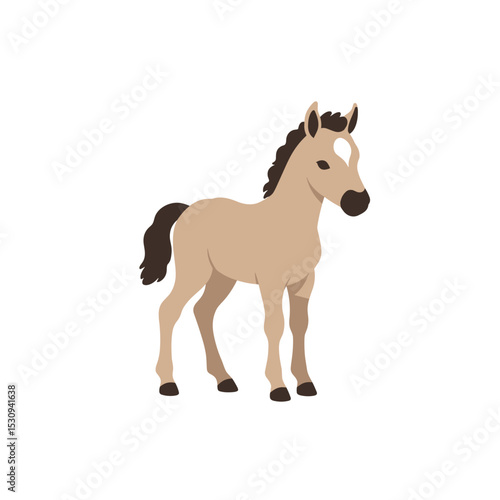 Simple, light-brown cartoon foal with a white blaze standing on a white background, facing right