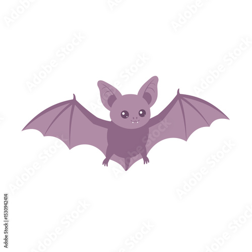 Cartoonish purple bat spreads its wings in a vector graphic on a white background
