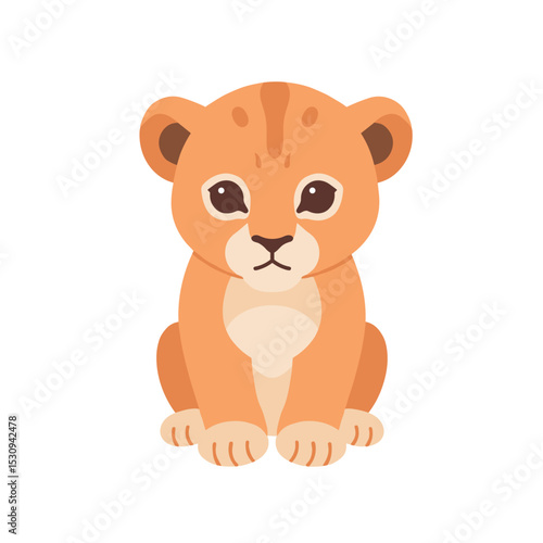 Front view of a stylized, flat-art orange lion cub with a neutral expression on a white background