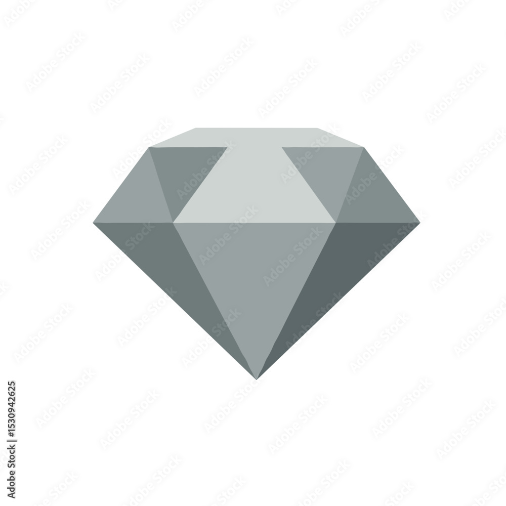 Faceted silver gem, cut into geometric planes, sits on a white background, partially off-center Faceted silver gem, cut into geometric planes, sits on a white background, partially off-center