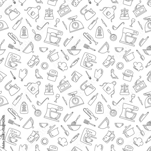 Kitchenware seamless outline Pattern. Hand drawn lines of kitchen tools. Kitchen utensils for poster, fabric decoration, packaging, menu, background, printing. Cartoon vector illustration
