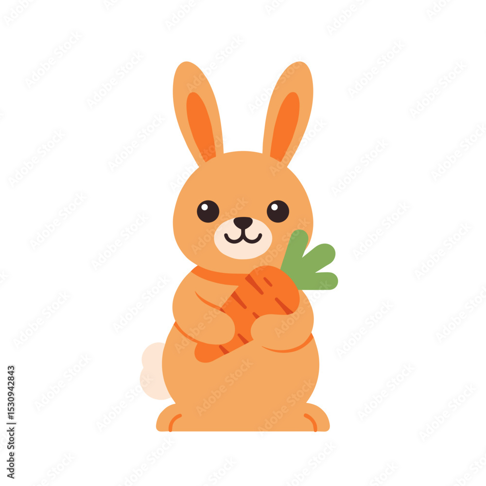 Obraz premium Cartoon rabbit holds an orange carrot against a solid white backdrop