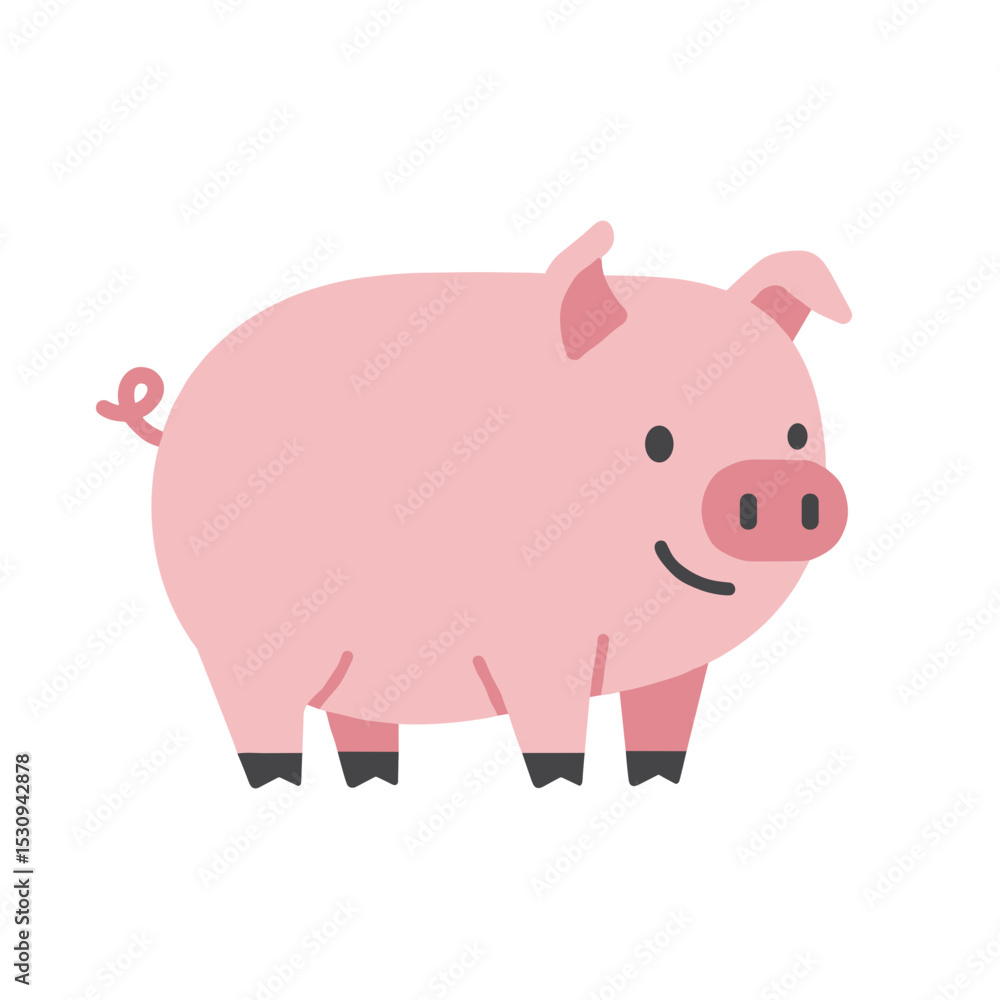 Simple cartoon illustration of a pink pig with a curly tail on a white background Simple cartoon illustration of a pink pig with a curly tail on a white background