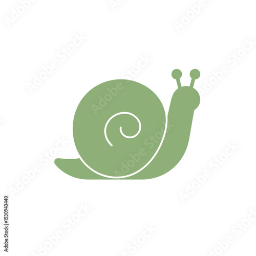 Green cartoon snail with a shell swirl and antennae, isolated on a white background