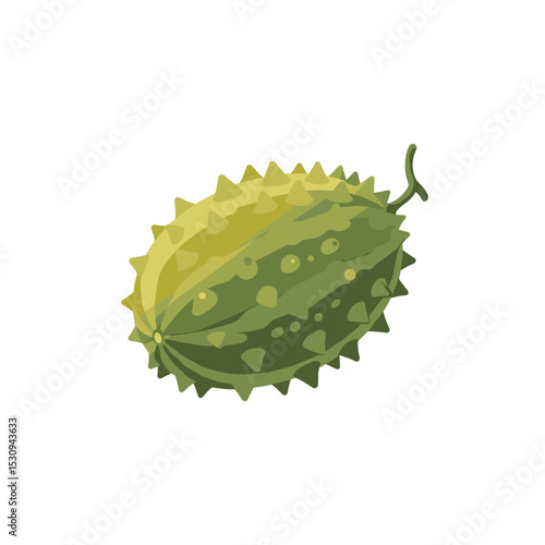 Illustration of a kiwano melon, green with pointy spikes and a stem, on white background