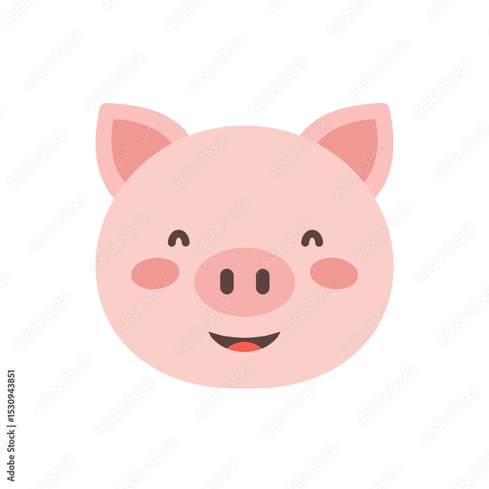 Cute cartoon pink pig face with large snout and upward-pointing eyes, against a white backdrop Cute cartoon pink pig face with large snout and upward-pointing eyes, against a white backdrop